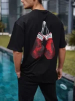 Unisex Bisiklet Yaka Baskılı Oversize T-Shirt - Siyah - Görsel 2