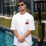 Unisex Bisiklet Yaka Baskılı Oversize T-Shirt - Beyaz