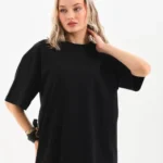 Unisex Bisiklet Yaka 20/1 Düz Oversize T-Shirt - Siyah