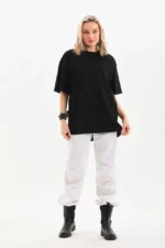 Unisex Bisiklet Yaka 20/1 Düz Oversize T-Shirt - Siyah - Görsel 2