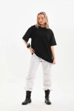 Unisex Bisiklet Yaka 20/1 Düz Oversize T-Shirt - Siyah - Görsel 3