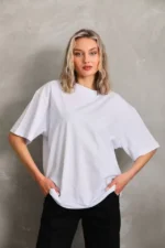 Unisex Bisiklet Yaka 20/1 Düz Oversize T-Shirt - Beyaz - Görsel 2