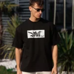 Unisex Bisiklet Yaka Baskılı Oversize T-Shirt - Siyah