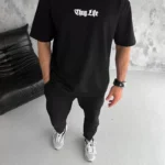 Unisex Bisiklet Yaka Baskılı Oversize T-Shirt - Siyah