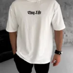 Unisex Bisiklet Yaka Baskılı Oversize T-Shirt - Beyaz