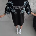 Unisex Bisiklet Yaka Baskılı Oversize T-Shirt - Siyah