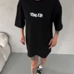 Unisex Bisiklet Yaka Baskılı Oversize T-Shirt - Siyah