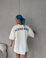 Unisex Bisiklet Yaka Baskılı Oversize T-Shirt - Beyaz - Görsel 3