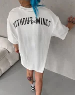 Unisex Bisiklet Yaka Baskılı Oversize T-Shirt - Beyaz - Görsel 4