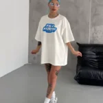 Unisex Bisiklet Yaka Baskılı Oversize T-Shirt - Beyaz