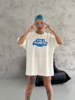 Unisex Bisiklet Yaka Baskılı Oversize T-Shirt - Beyaz - Görsel 2