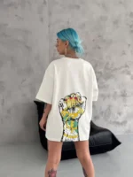 Unisex Bisiklet Yaka Baskılı Oversize T-Shirt - Beyaz - Görsel 3