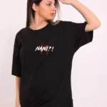 Unisex Bisiklet Yaka Baskılı Oversize T-Shirt - Siyah