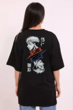 Unisex Bisiklet Yaka Baskılı Oversize T-Shirt - Siyah - Görsel 2