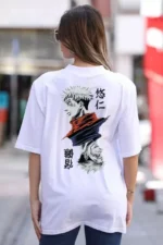 Unisex Bisiklet Yaka Baskılı Oversize T-Shirt - Beyaz - Görsel 2