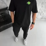 Unisex Bisiklet Yaka Baskılı Oversize T-Shirt - Siyah