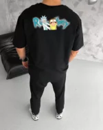 Unisex Bisiklet Yaka Baskılı Oversize T-Shirt - Siyah - Görsel 2
