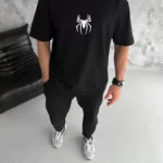 Unisex Bisiklet Yaka Baskılı Oversize T-Shirt - Siyah