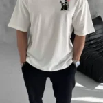 Unisex Bisiklet Yaka Baskılı Oversize T-Shirt - Beyaz