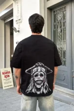 Unisex Bisiklet Yaka Baskılı Oversize T-Shirt - Siyah - Görsel 2