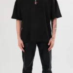 Unisex Bisiklet Yaka Baskılı Oversize T-Shirt - Siyah