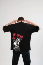 Unisex Bisiklet Yaka Baskılı Oversize T-Shirt - Siyah - Görsel 2