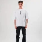 Unisex Bisiklet Yaka Baskılı Oversize T-Shirt - Beyaz