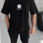 Unisex Bisiklet Yaka Baskılı Oversize T-Shirt - Siyah