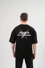 Unisex Bisiklet Yaka Baskılı Oversize T-Shirt - Siyah - Görsel 2