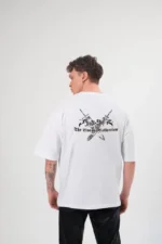 Unisex Bisiklet Yaka Baskılı Oversize T-Shirt - Beyaz - Görsel 2