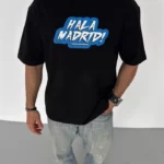 Unisex Bisiklet Yaka Baskılı Oversize T-Shirt - Siyah