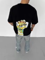 Unisex Bisiklet Yaka Baskılı Oversize T-Shirt - Siyah - Görsel 2