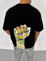 Unisex Bisiklet Yaka Baskılı Oversize T-Shirt - Siyah - Görsel 3
