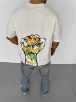Unisex Bisiklet Yaka Baskılı Oversize T-Shirt - Beyaz - Görsel 2