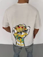 Unisex Bisiklet Yaka Baskılı Oversize T-Shirt - Beyaz - Görsel 3