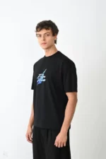 Unisex Bisiklet Yaka Baskılı Oversize T-Shirt - Siyah - Görsel 3