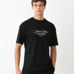 Unisex Bisiklet Yaka Baskılı Oversize T-Shirt - Siyah