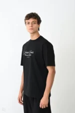 Unisex Bisiklet Yaka Baskılı Oversize T-Shirt - Siyah - Görsel 3