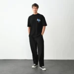 Unisex Bisiklet Yaka Baskılı Oversize T-Shirt - Siyah - Görsel 4