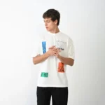 Unisex Bisiklet Yaka Baskılı Oversize T-Shirt - Beyaz - Görsel 2