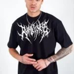 Unisex Bisiklet Yaka Baskılı Oversize T-Shirt - Siyah