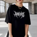 Unisex Bisiklet Yaka Baskılı Oversize T-Shirt - Siyah