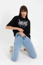 Unisex Bisiklet Yaka Baskılı Oversize T-Shirt - Siyah - Görsel 2