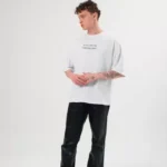 Unisex Bisiklet Yaka Baskılı Oversize T-Shirt - Beyaz