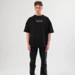 Unisex Bisiklet Yaka Baskılı Oversize T-Shirt - Siyah