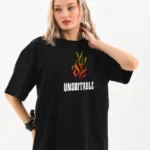 Unisex Bisiklet Yaka Baskılı Oversize T-Shirt - Siyah