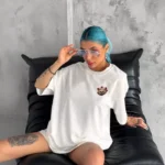 Unisex Bisiklet Yaka Baskılı Oversize T-Shirt - Beyaz