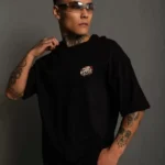 Unisex Bisiklet Yaka Baskılı Oversize T-Shirt - Siyah