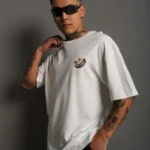 Unisex Bisiklet Yaka Baskılı Oversize T-Shirt - Beyaz