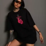 Unisex Bisiklet Yaka Baskılı Oversize T-Shirt - Siyah